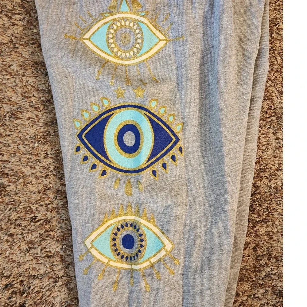 Evil Eye Graphic‎ Jogger Sweatpants Gray Blue Gold Spiritual Small USA Made